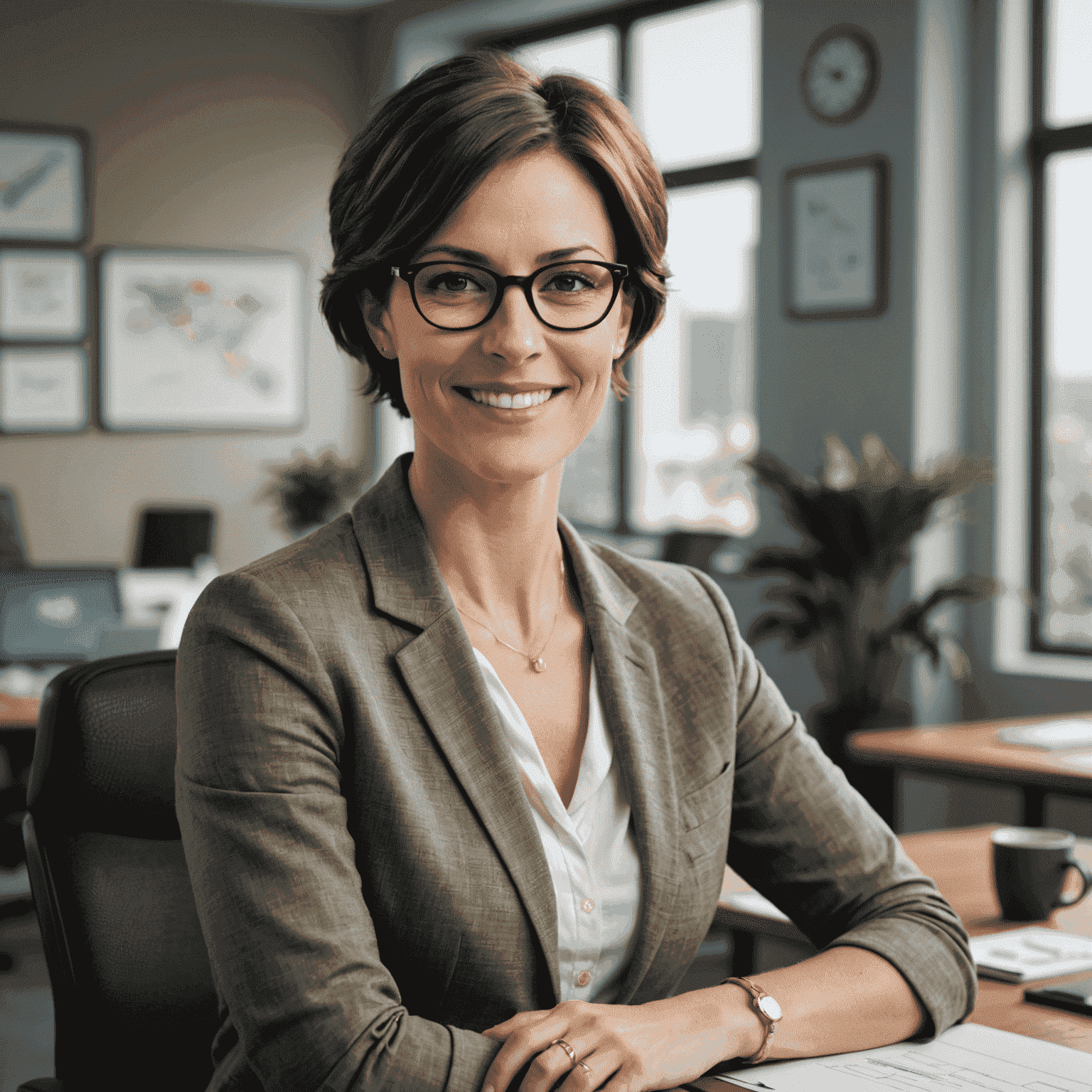 Portrait of Sophie Dubois, a woman in her mid-30s with short brown hair and glasses, smiling confidently in a casual office setting