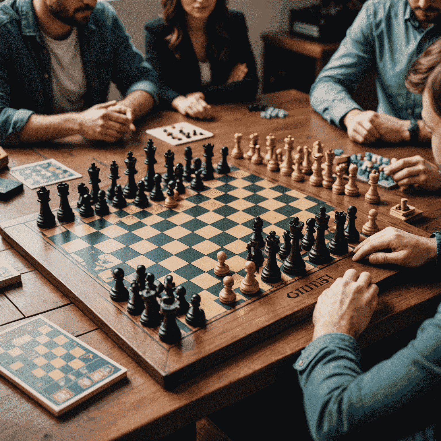 A collection of strategic board games including chess, Go, and modern strategy games, arranged on a wooden table with players engaged in thoughtful gameplay