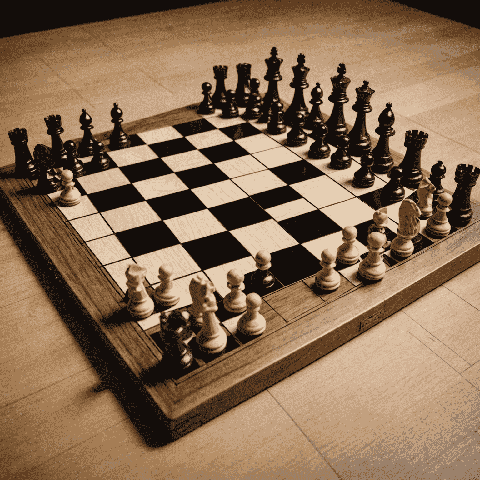 A chess board set up for a new game, with all pieces in their starting positions. The board is made of polished wood with contrasting light and dark squares. The pieces are intricately carved from wood, with the white pieces on the near side and black pieces on the far side.