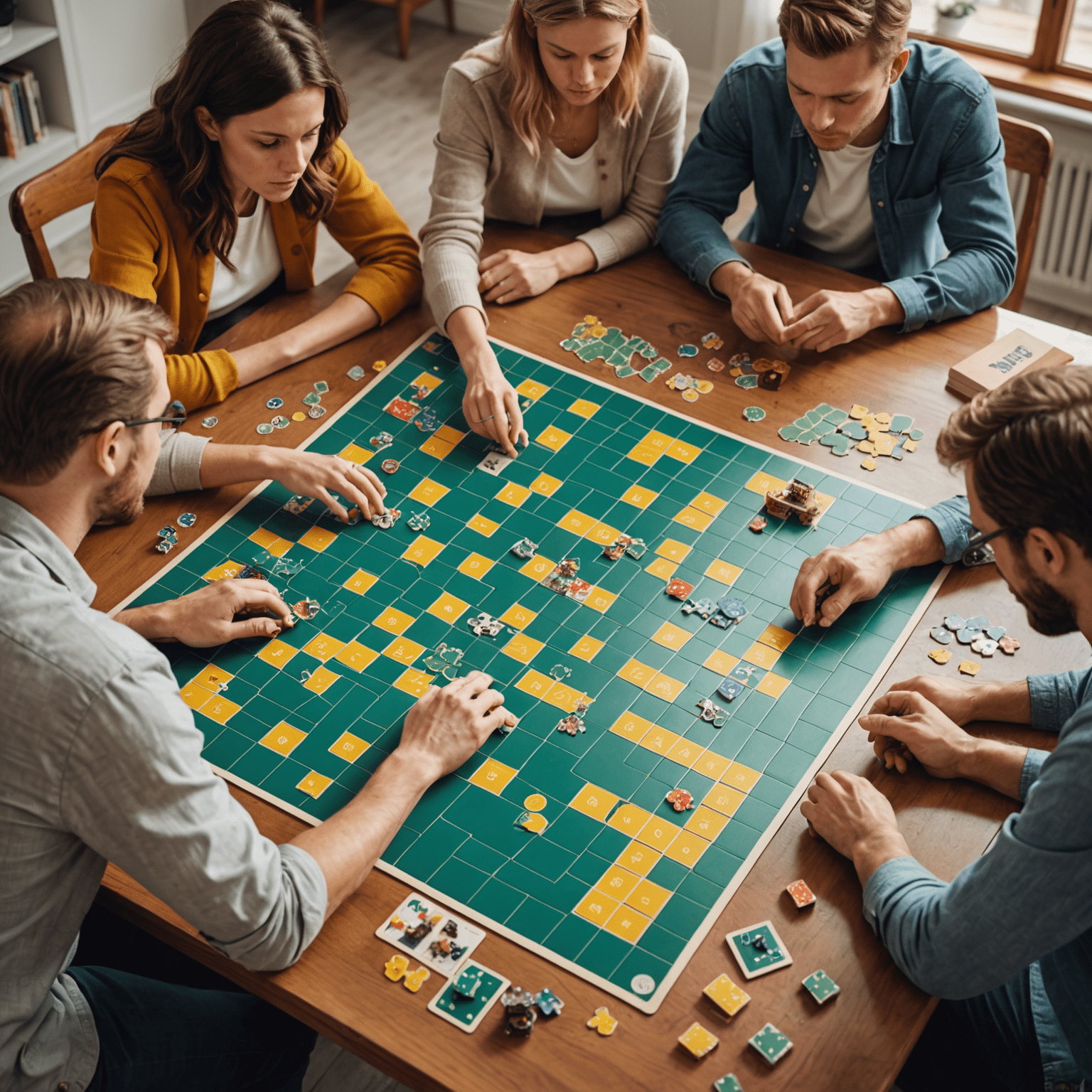 A group of people playing a complex puzzle board game, with pieces scattered across the table and players deep in concentration