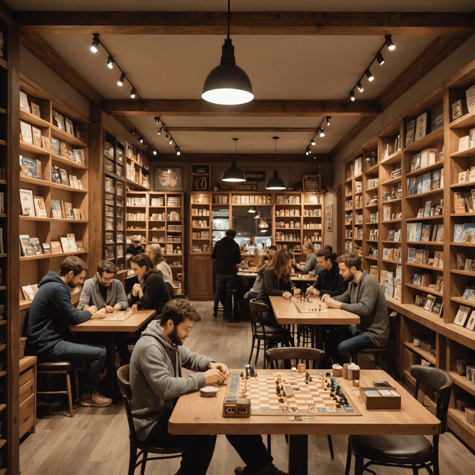 A cozy French board game café with people playing various strategy games, shelves lined with board games, and a warm, inviting atmosphere