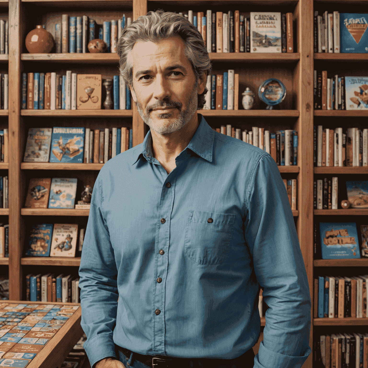 Portrait of Marc Lefèvre, a man in his late 40s with salt and pepper hair, wearing a casual button-up shirt, standing in front of a large bookshelf filled with board games