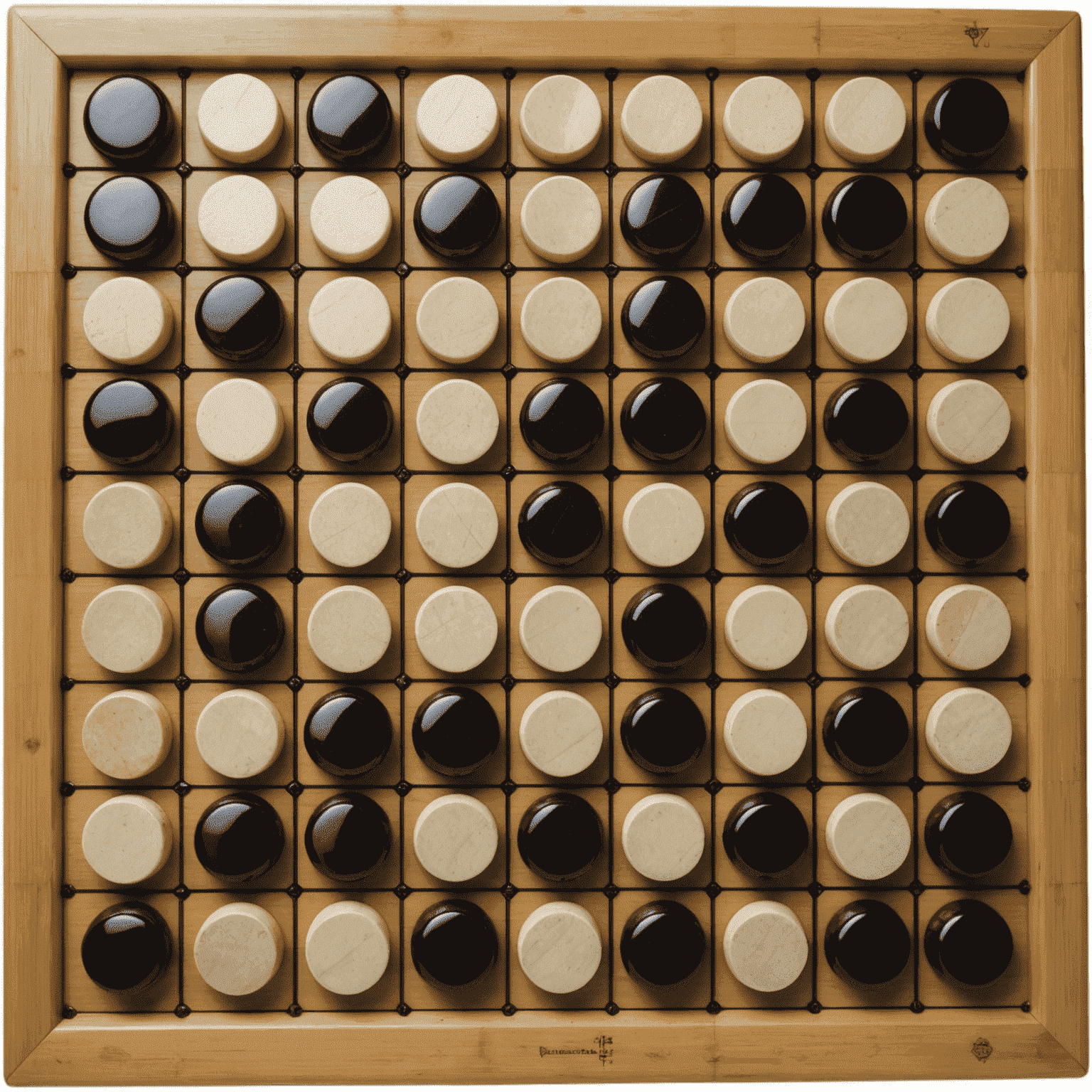 A Go board mid-game, with black and white stones placed on the intersections of a 19x19 grid. The board is made of bamboo, and the stones are smooth, polished glass. Several complex patterns and formations can be seen on the board.