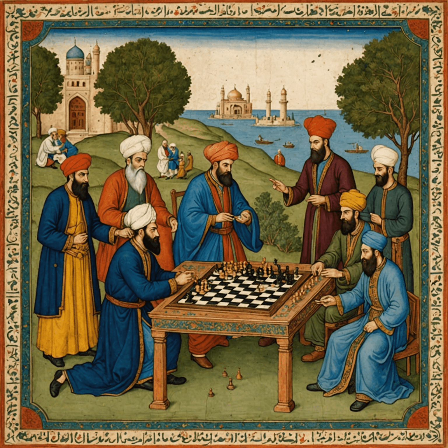 Persian miniature depicting nobles playing chess, illustrating its spread to the Islamic world