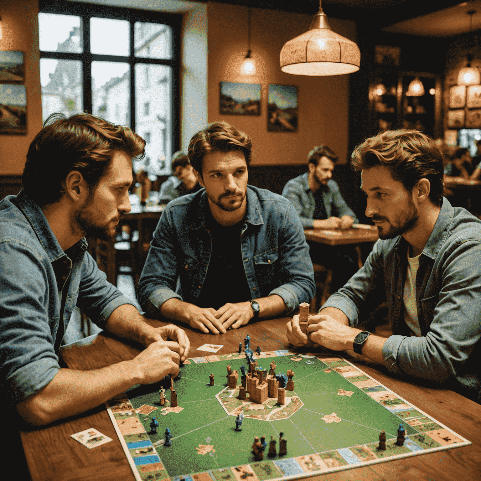 A group of friends playing Carcassonne in a French board game café, with the game board sprawled across the table and players deep in thought