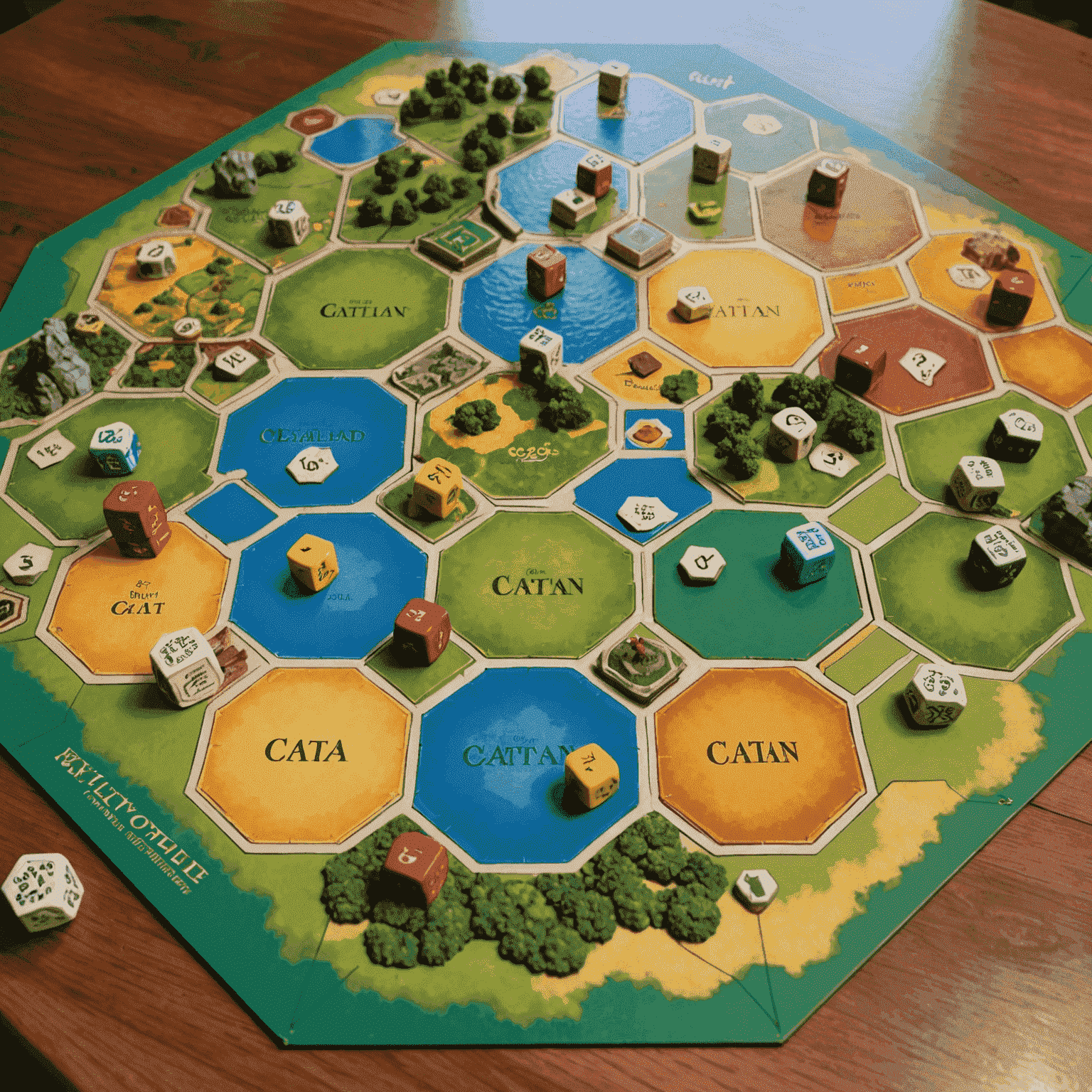 A Settlers of Catan game board set up for play. The hexagonal tiles are arranged to form the island of Catan, with various resource types visible. Player pieces, cards, and dice are neatly arranged around the board.