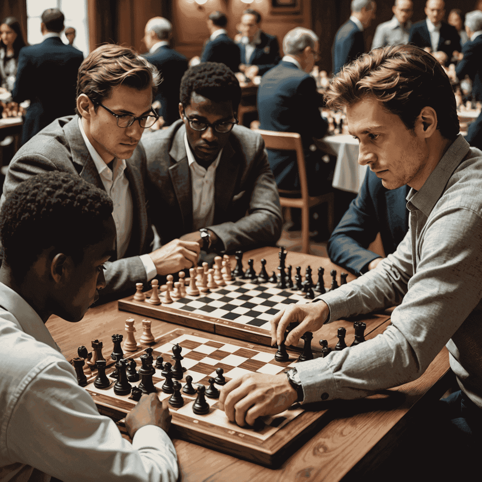 A modern chess tournament with players from diverse backgrounds, symbolizing the game's global appeal