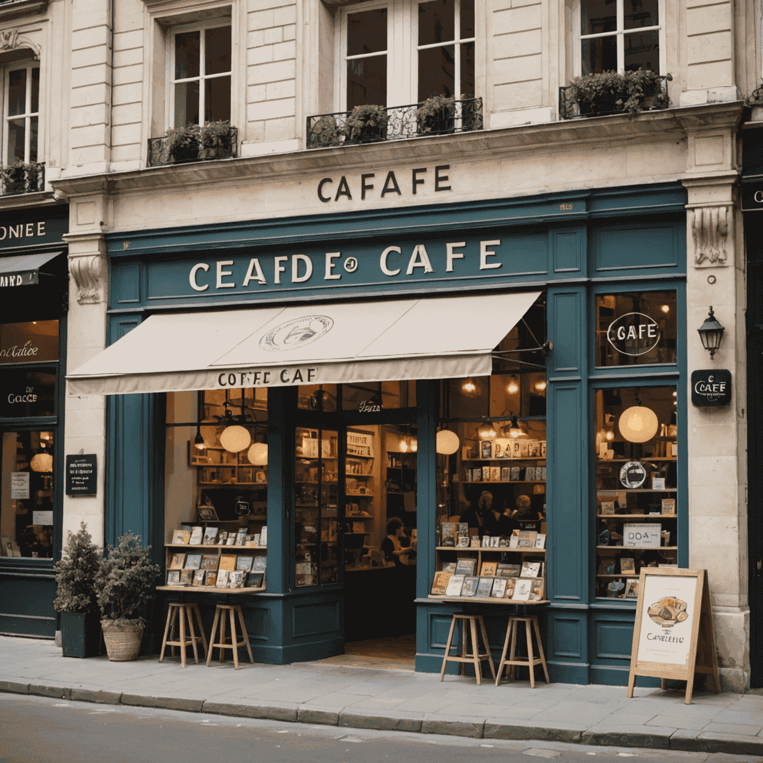 The exterior of a popular French board game café, with a stylish sign and large windows showcasing shelves of board games and happy patrons playing inside