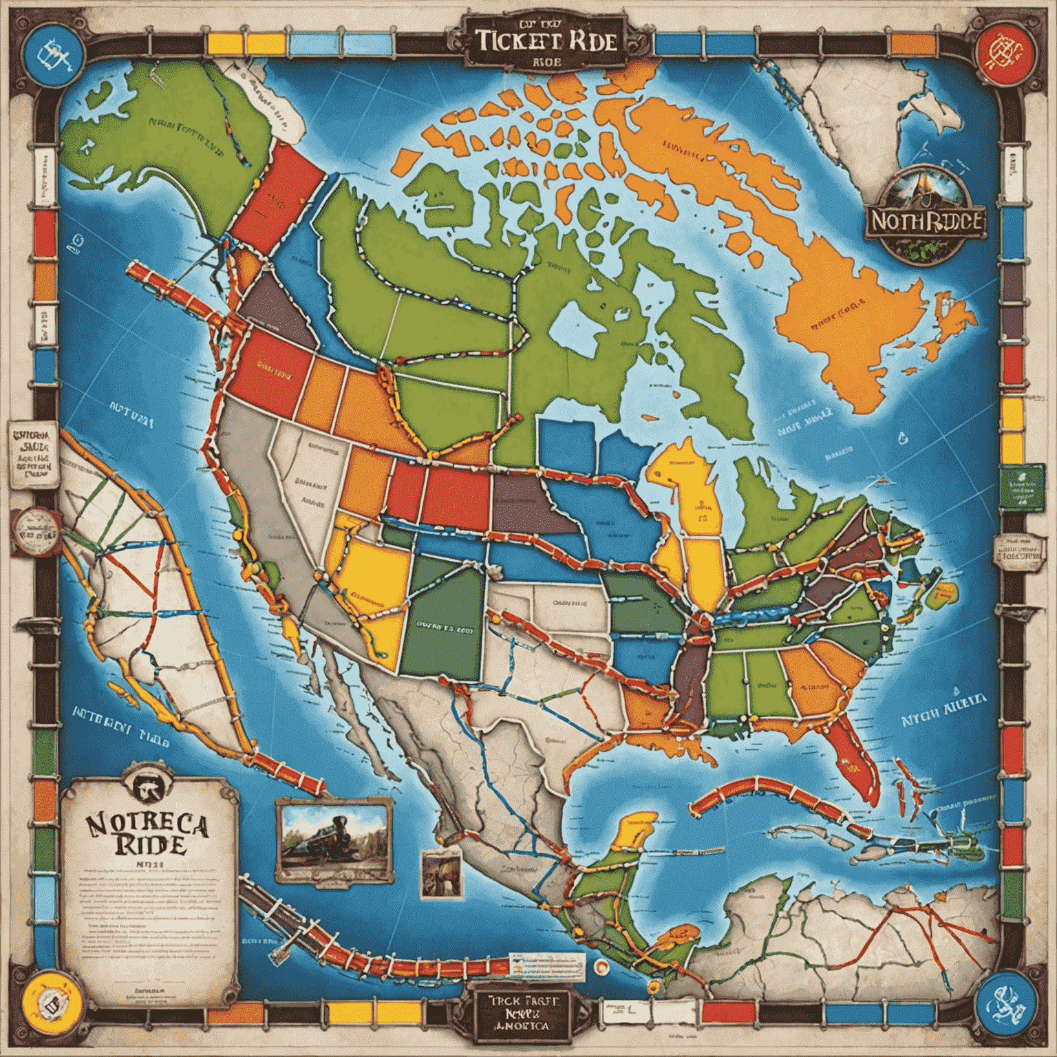 The Ticket to Ride game board showing a map of North America with various colored train routes connecting cities. Plastic train pieces and cards are visible, indicating an ongoing game.