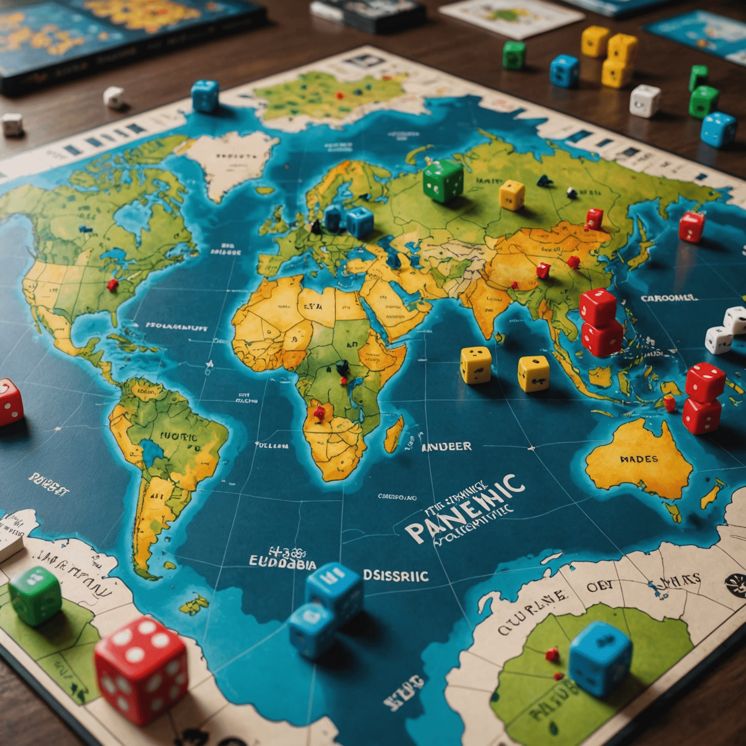 The Pandemic game board depicting a world map with various disease cubes placed on different cities. Player pawns, cards, and cure markers are visible, showcasing the cooperative nature of the game.