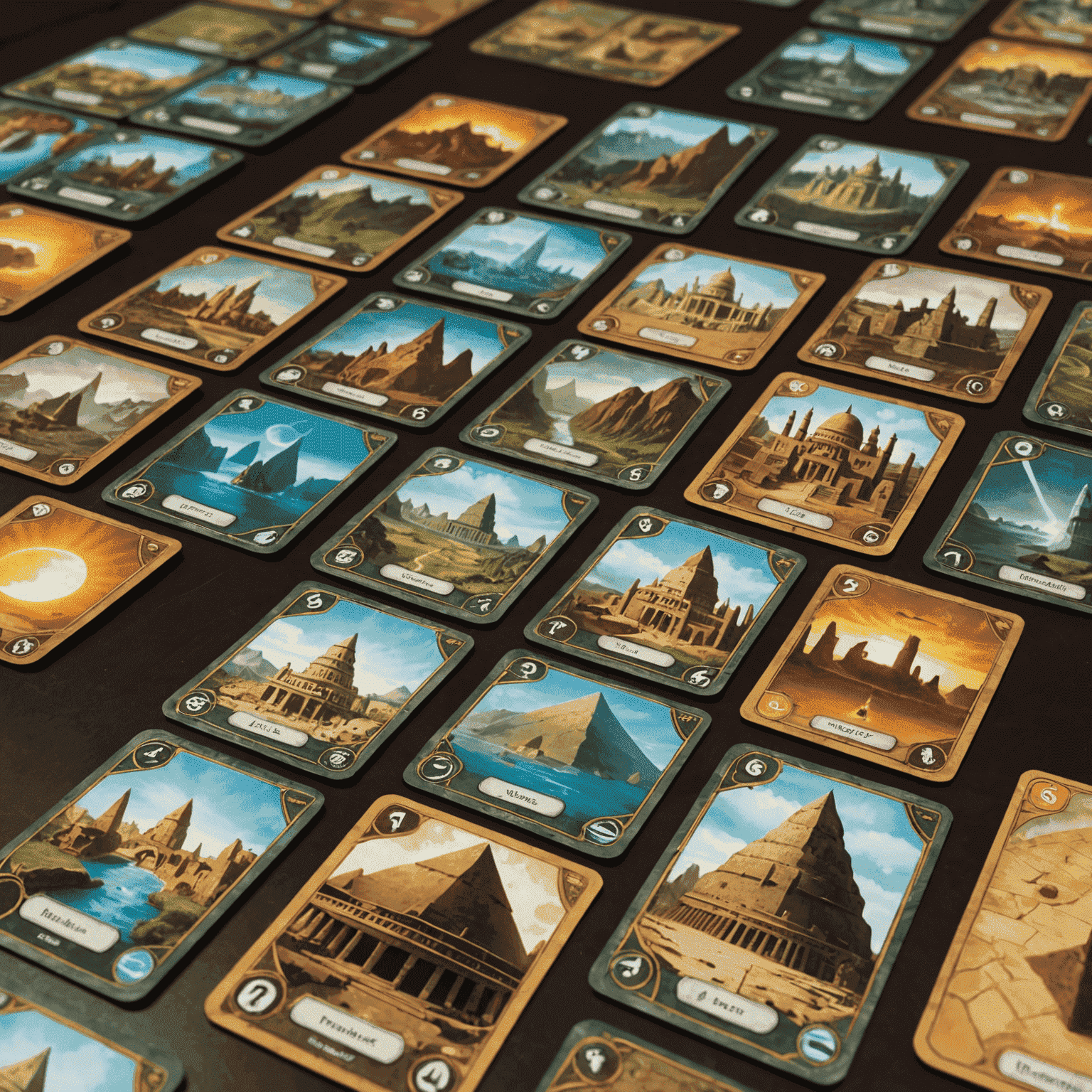 A display of 7 Wonders cards laid out in play. The cards show various ancient wonders, resources, and military might. Player boards with partially constructed wonders are visible in the background.