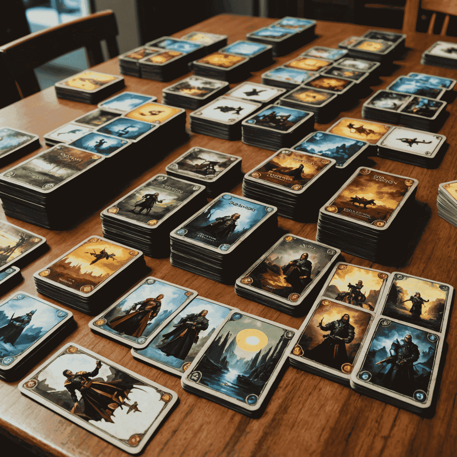 A table set up for a game of Dominion, with various card piles neatly arranged. The central supply of Kingdom cards is visible, along with player decks and discard piles.