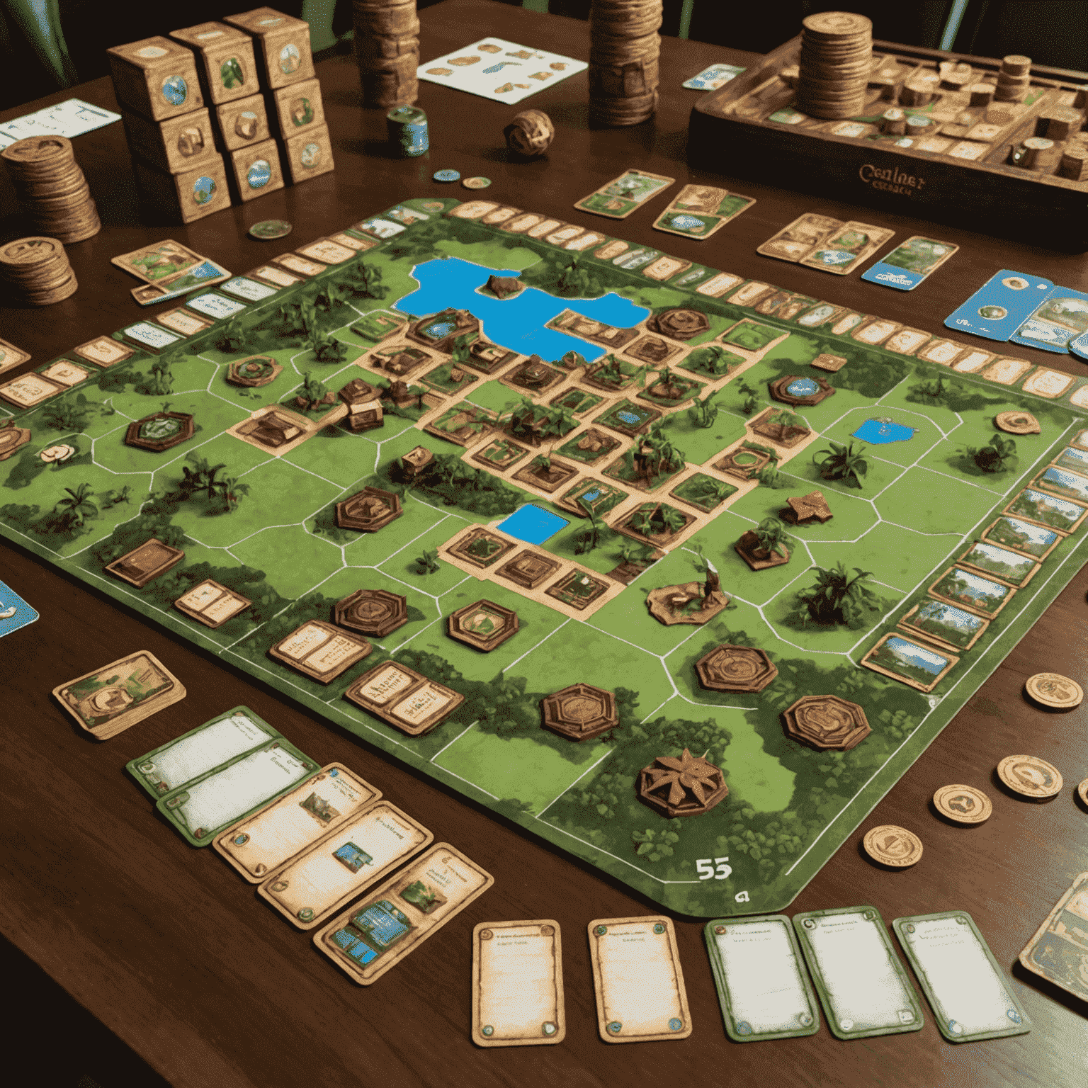 A game of Puerto Rico set up for play, showing player boards with plantations and buildings. Various goods, colonist tokens, and role cards are arranged neatly, showcasing the game's economic focus.