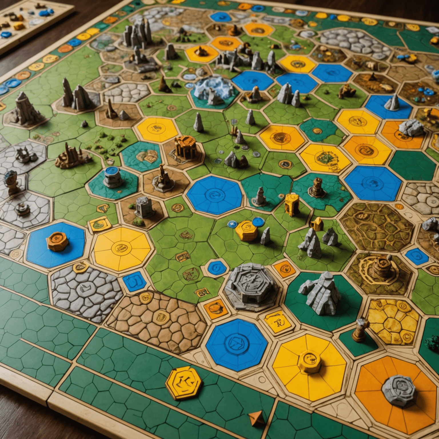 The Terra Mystica game board during play, showing a landscape divided into different terrain types. Player pieces, buildings, and tokens are scattered across the board, representing the various fantasy races and their developments.